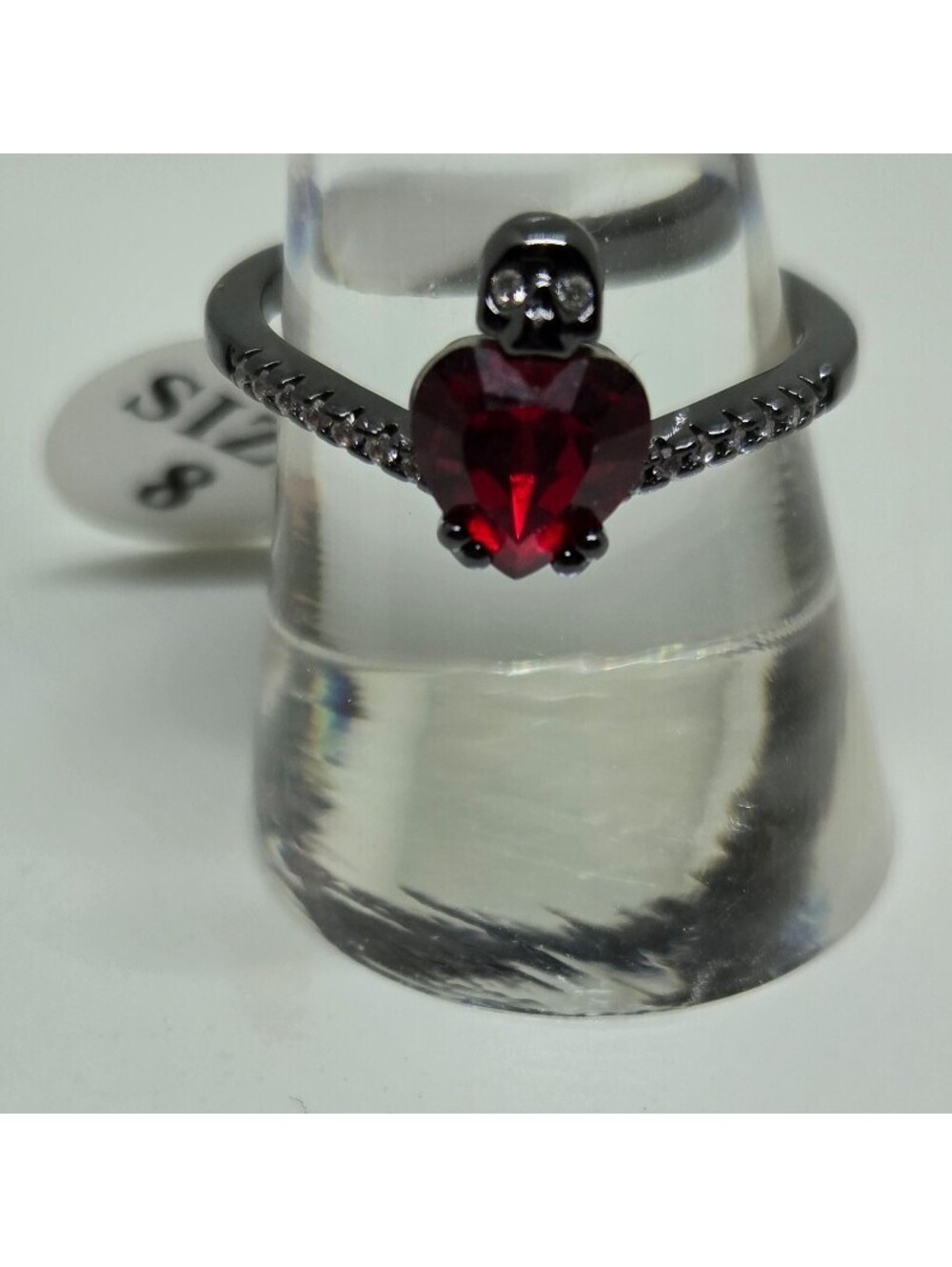 Charmed Aroma Red Heart Skull Ring Size 8 Black Gunmetal Gothic Crystal